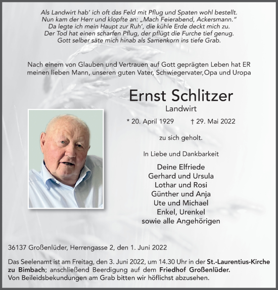 Traueranzeige von Ernst Schlitzer von FZ