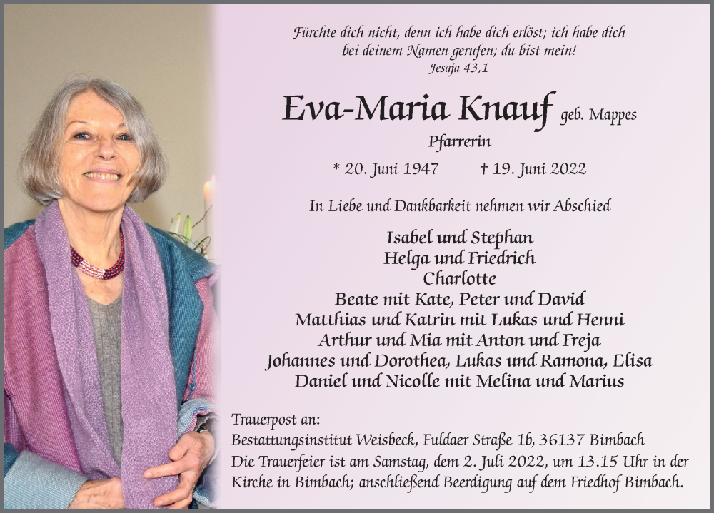  Traueranzeige für Eva-Maria Knauf vom 25.06.2022 aus FZ