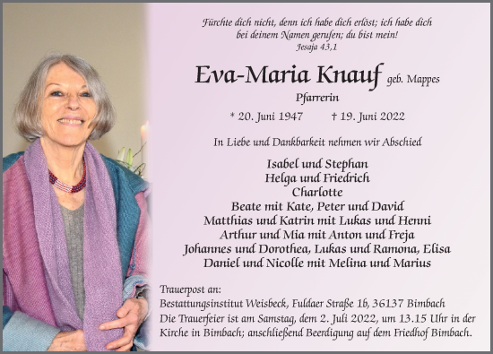 Traueranzeige von Eva-Maria Knauf von FZ