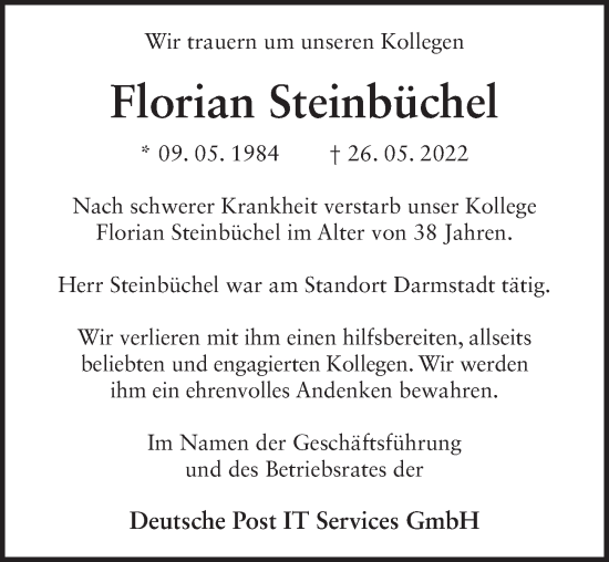Traueranzeige von Florian Steinbüchel von FZ