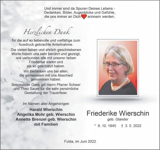 Traueranzeige von Friederike Wierschin von FZ
