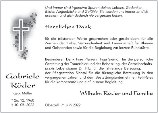 Traueranzeige von Gabriele Röder von FZ