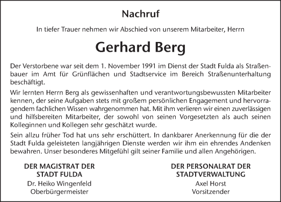 Traueranzeige von Gerhard Berg von FZ