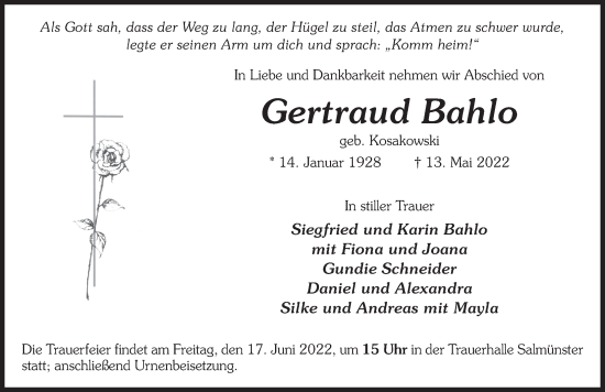 Traueranzeige von Gertraud Bahlo von FZ