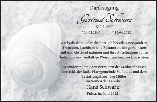 Traueranzeige von Gertrud Schwarz von FZ