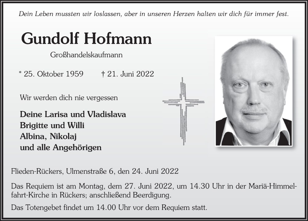  Traueranzeige für Gundolf Hofmann vom 24.06.2022 aus FZ
