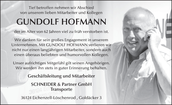 Traueranzeige von Gundolf Hofmann von FZ