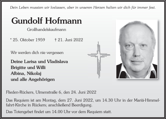 Traueranzeige von Gundolf Hofmann von FZ