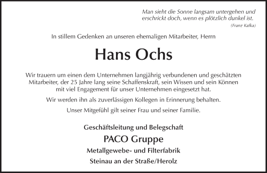 Traueranzeige von Hans Ochs von FZ