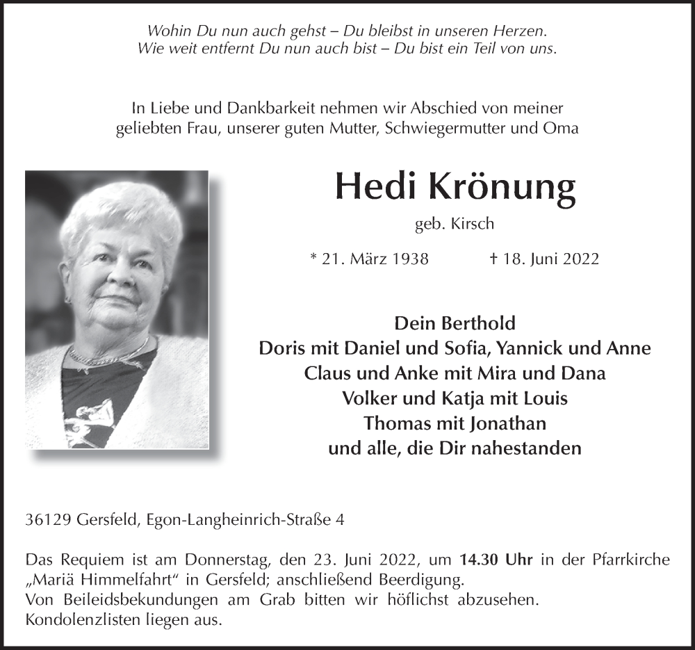  Traueranzeige für Hedi Krönung vom 21.06.2022 aus FZ