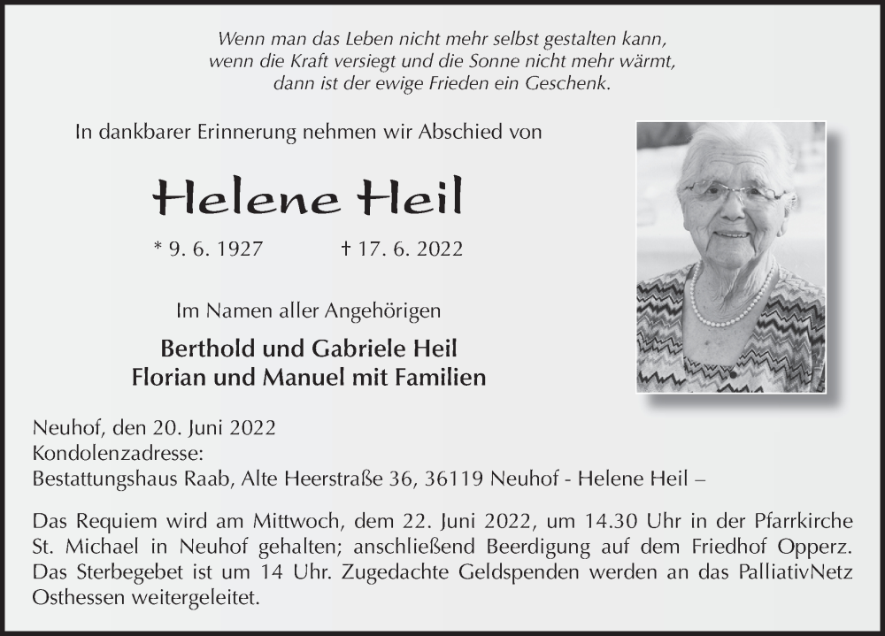  Traueranzeige für Helene Heil vom 20.06.2022 aus FZ