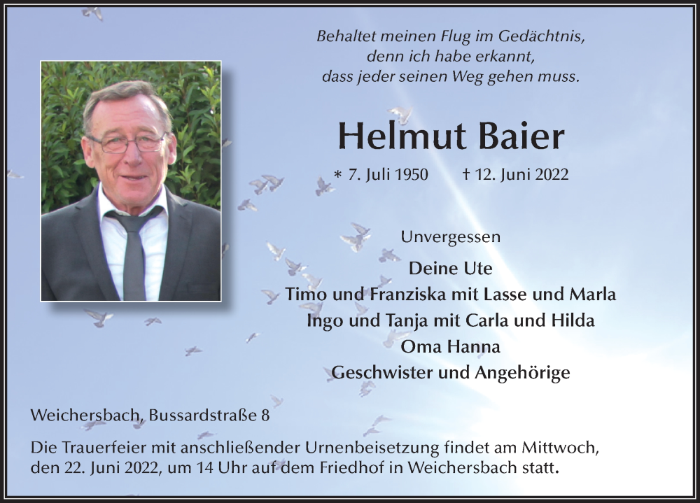  Traueranzeige für Helmut Baier vom 17.06.2022 aus FZ