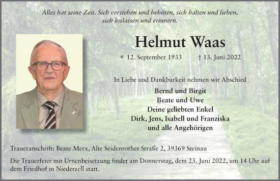 Traueranzeige von Helmut Waas von FZ