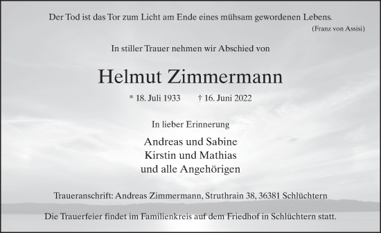 Traueranzeige von Helmut Zimmermann von FZ