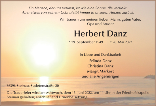 Traueranzeige von Herbert Danz von FZ