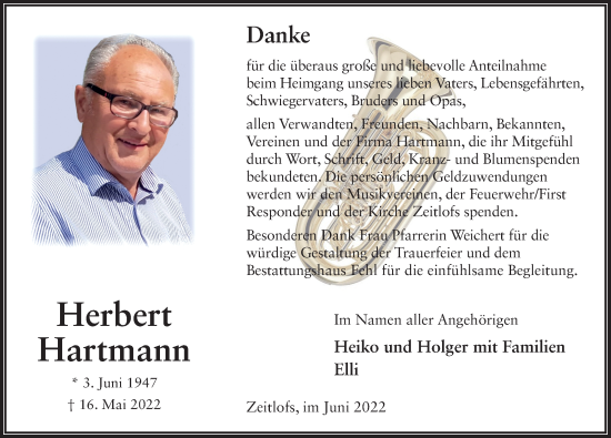 Traueranzeige von Herbert Hartmann von FZ