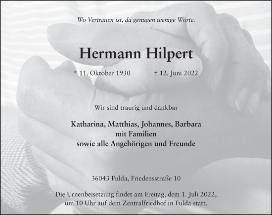 Traueranzeige von Hermann Hilpert von FZ