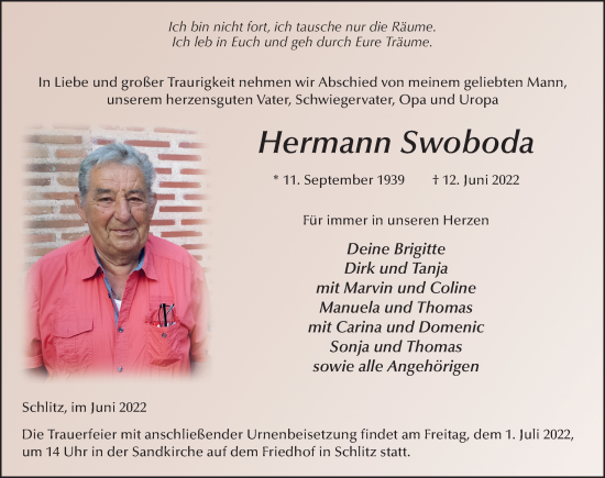 Traueranzeige von Hermann Swoboda von FZ