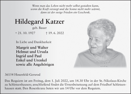 Traueranzeige von Hildegard Katzer von FZ