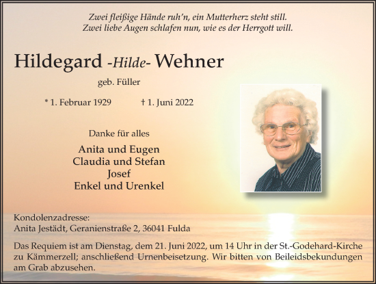 Traueranzeige von Hildegard Wehner von FZ