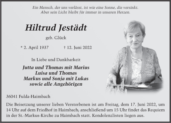 Traueranzeige von Hiltrud Jestädt von FZ