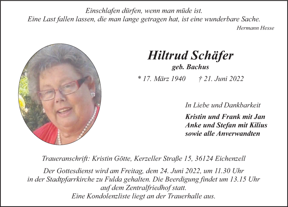  Traueranzeige für Hiltrud Schäfer vom 23.06.2022 aus FZ