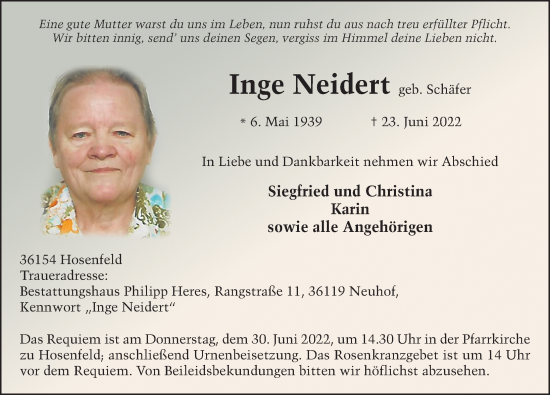 Traueranzeige von Inge Neidert von FZ