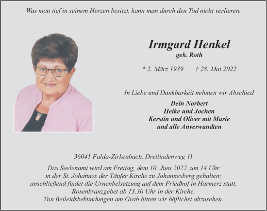 Traueranzeige von Irmgard Henkel von FZ