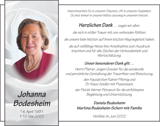 Traueranzeige von Johanna Bodesheim von FZ