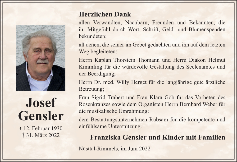  Traueranzeige für Josef Gensler vom 11.06.2022 aus FZ
