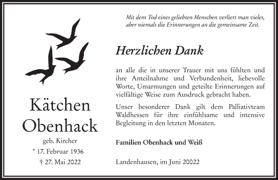 Traueranzeige von Kätchen Obenhack von FZ