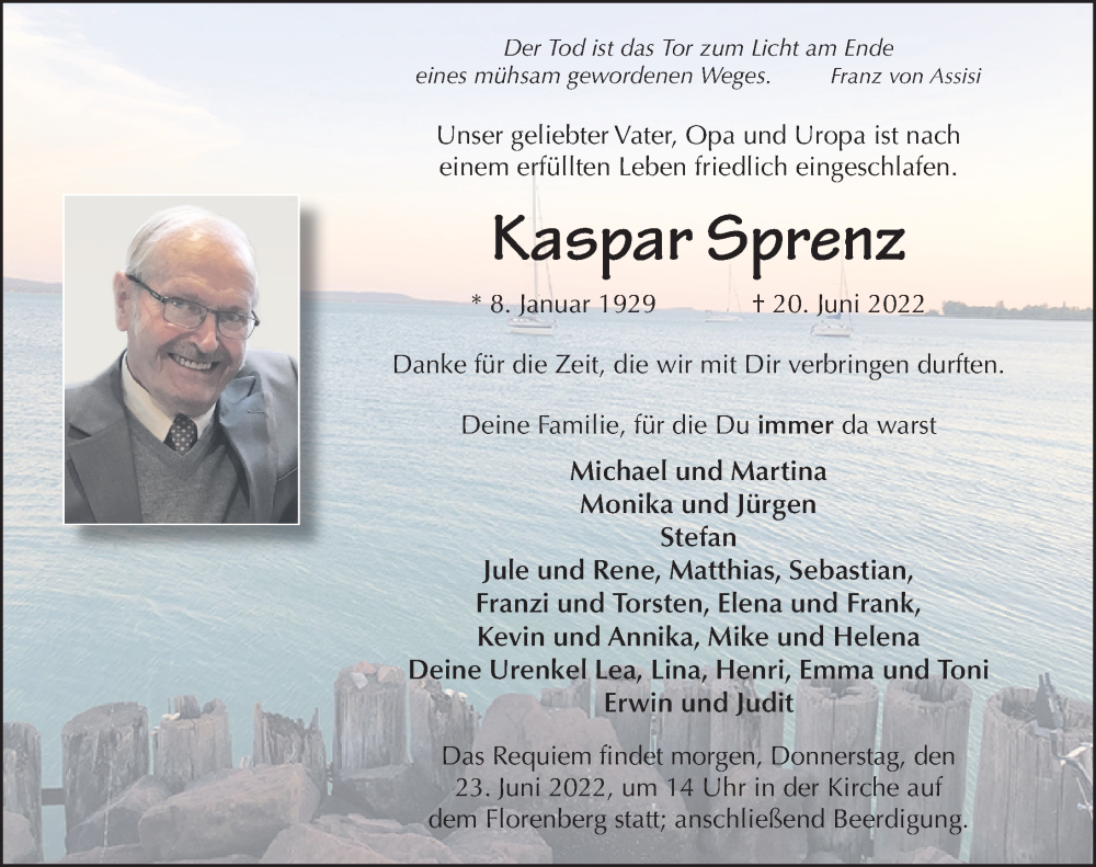  Traueranzeige für Kaspar Sprenz vom 22.06.2022 aus FZ