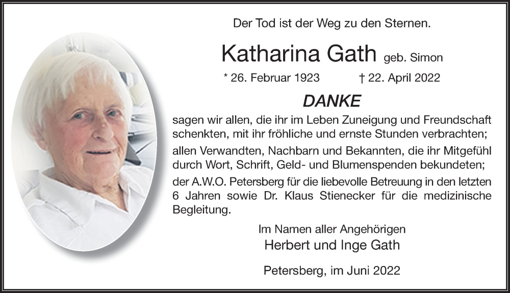  Traueranzeige für Katharina Gath vom 25.06.2022 aus FZ