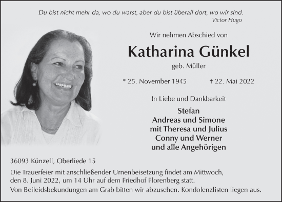 Traueranzeige von Katharina Günkel von FZ