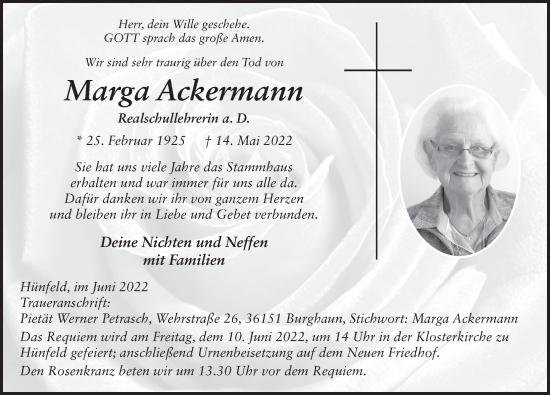 Traueranzeige von Marga Ackermann von FZ