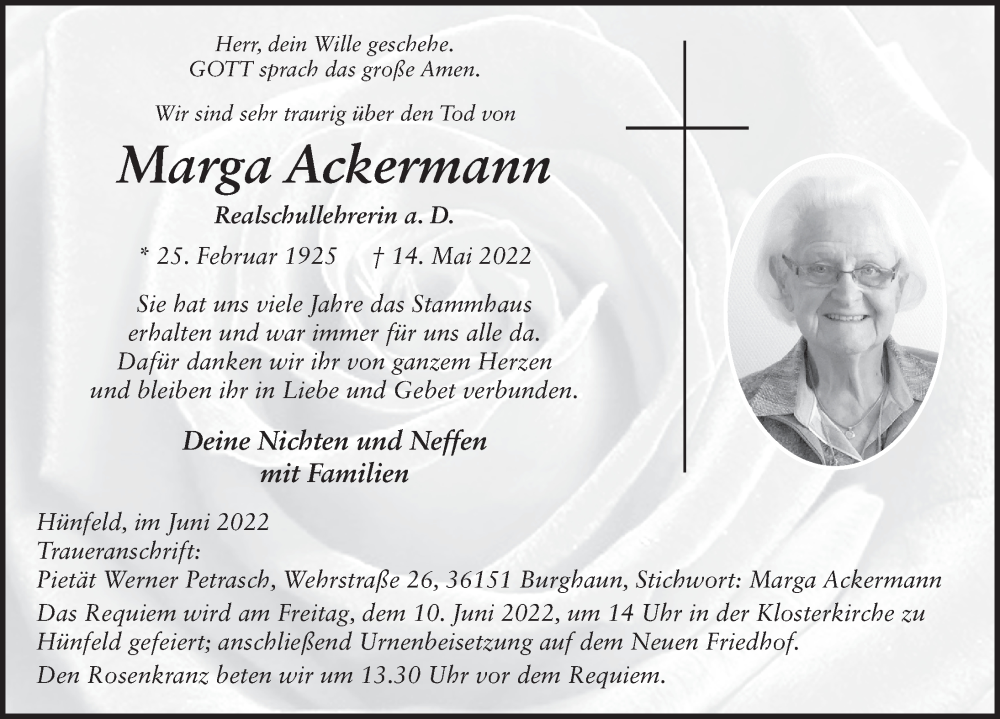  Traueranzeige für Marga Ackermann vom 04.06.2022 aus FZ