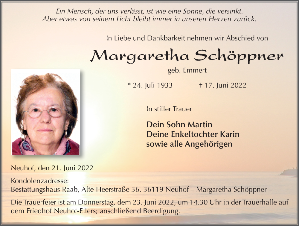  Traueranzeige für Margaretha Schöppner vom 21.06.2022 aus FZ