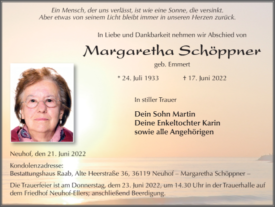 Traueranzeige von Margaretha Schöppner von FZ
