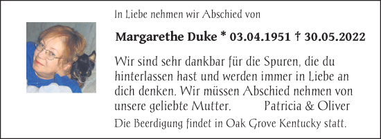 Traueranzeige von Margarethe Duke von FZ