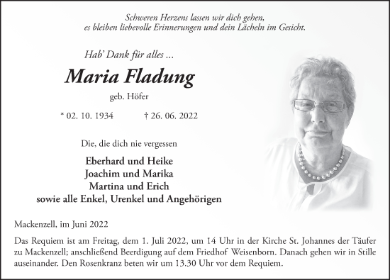 Traueranzeige von Maria Fladung von FZ