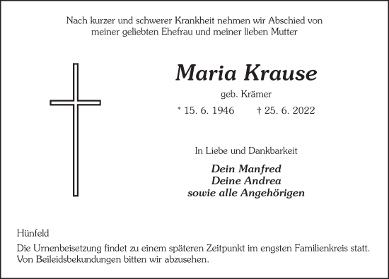 Traueranzeige von Maria Krause von FZ