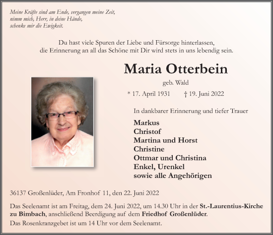 Traueranzeige von Maria Otterbein von FZ