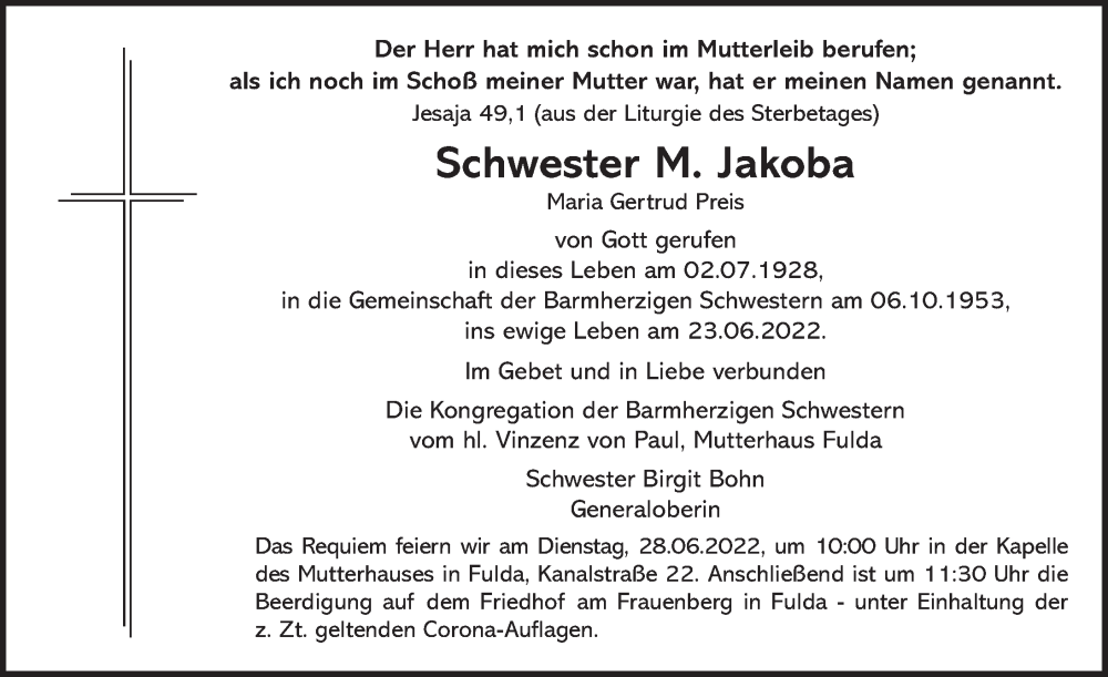  Traueranzeige für Maria Gertrud Preis vom 25.06.2022 aus FZ
