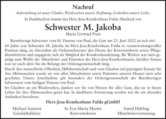 Traueranzeige von Maria Gertrud Preis von FZ