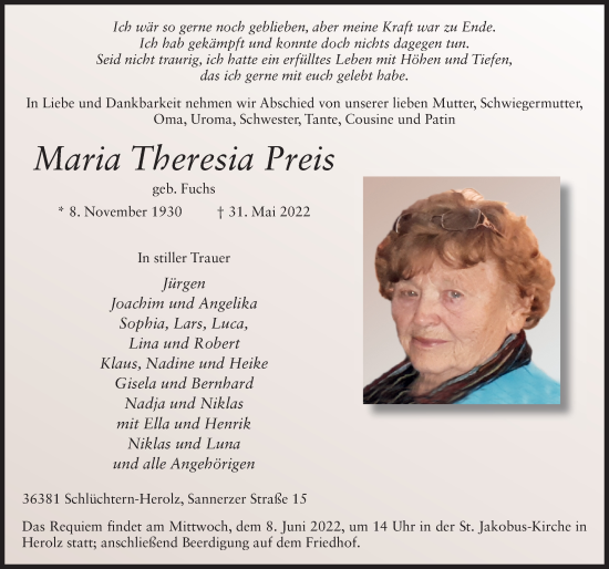 Traueranzeige von Maria Theresia Preis von FZ