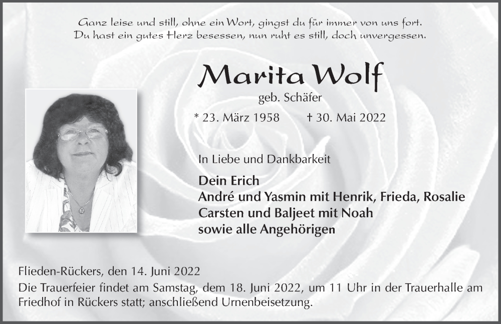  Traueranzeige für Marita Wolf vom 14.06.2022 aus FZ