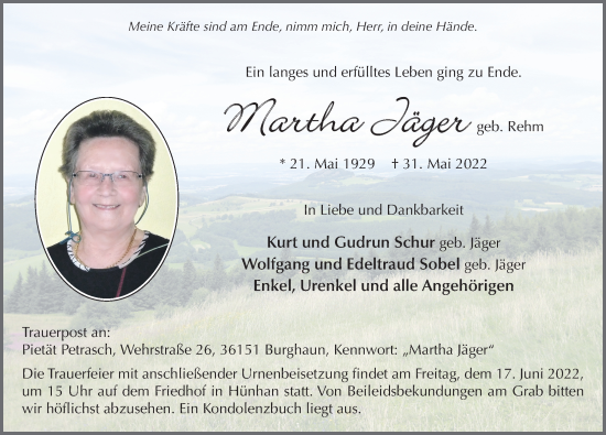 Traueranzeige von Martha Jäger von FZ