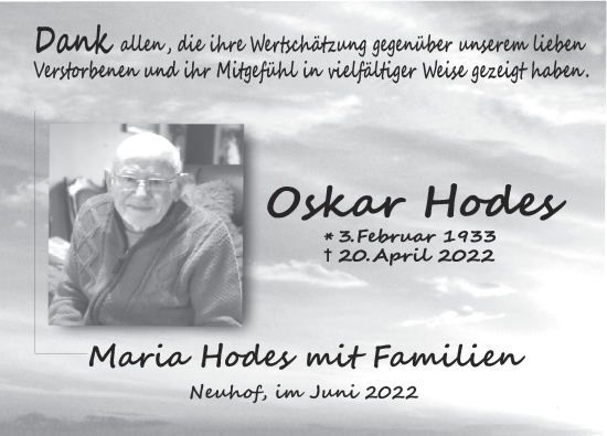 Traueranzeige von Oskar Hodes von FZ