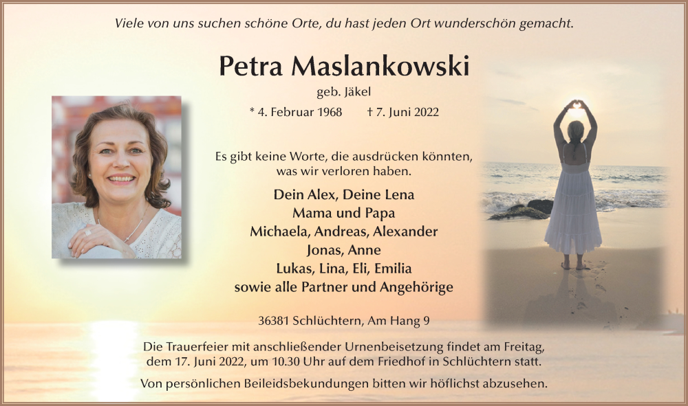  Traueranzeige für Petra Maslankowski vom 15.06.2022 aus FZ
