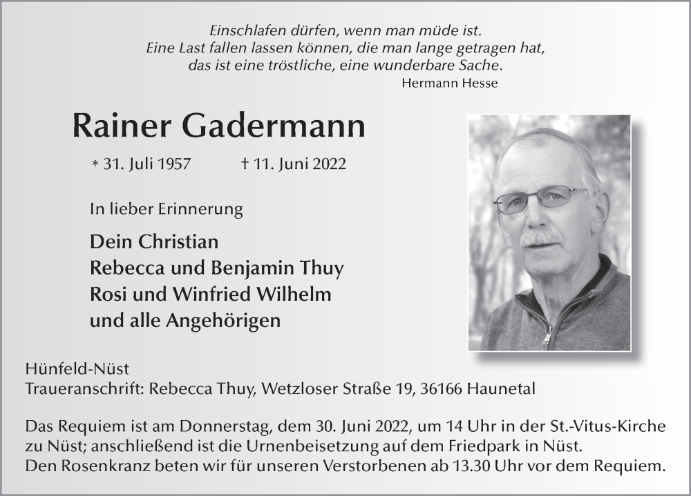  Traueranzeige für Rainer Gadermann vom 24.06.2022 aus FZ